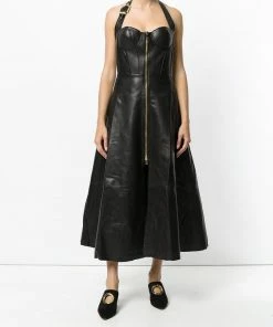 Natasha Zinko Halter Leather Zip Midi Dress Dresses